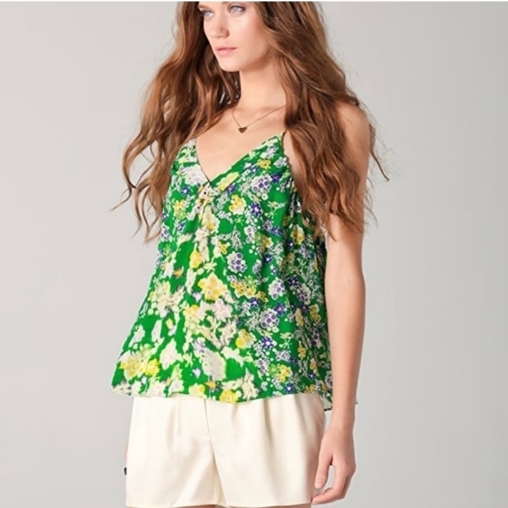 Rebecca Taylor, Floral Silk Camisole Top, Green Floral Patchwork, Size 4
